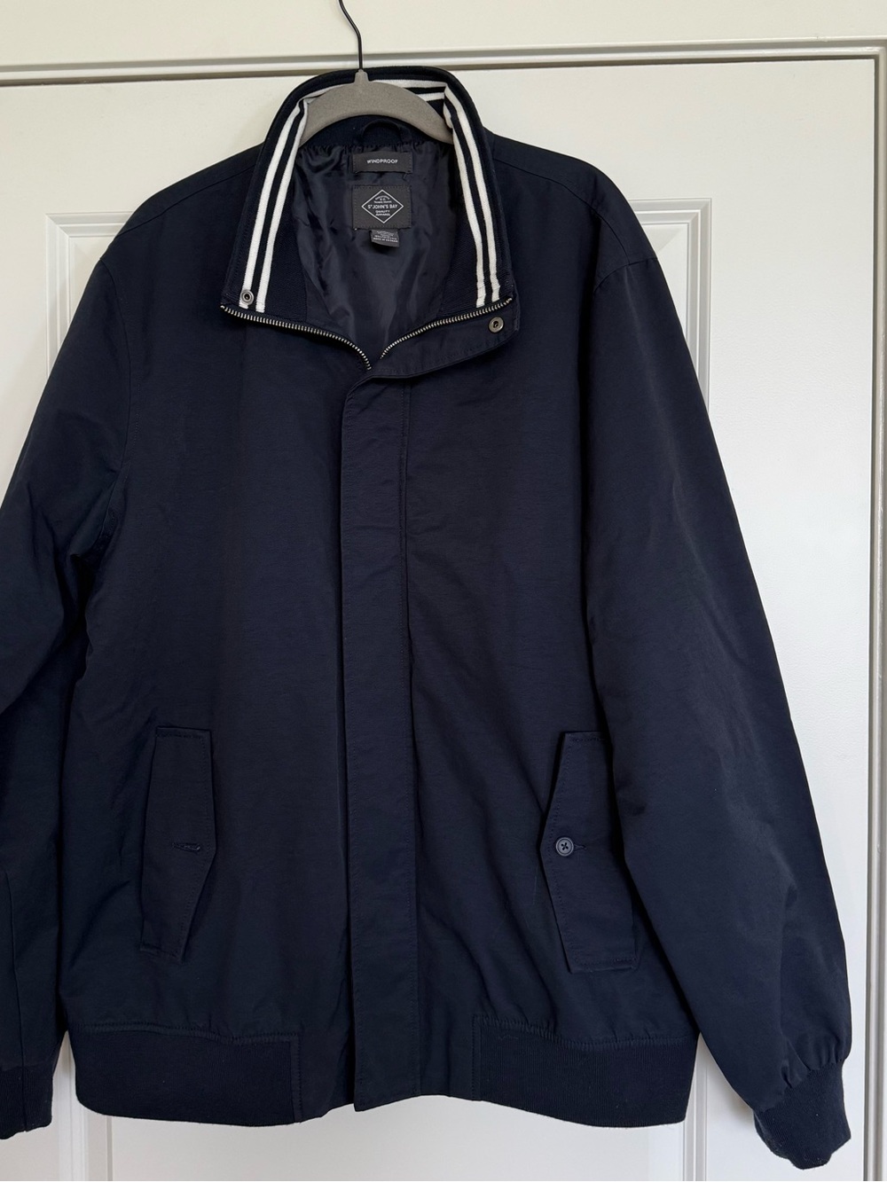 St. John's Bay Men’s Windproof Navy Bomber Jacket with Striped Collar